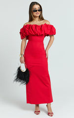 Rhaya Midi Dress - Ruffle Off Shoulder Fitted Dress in Red
