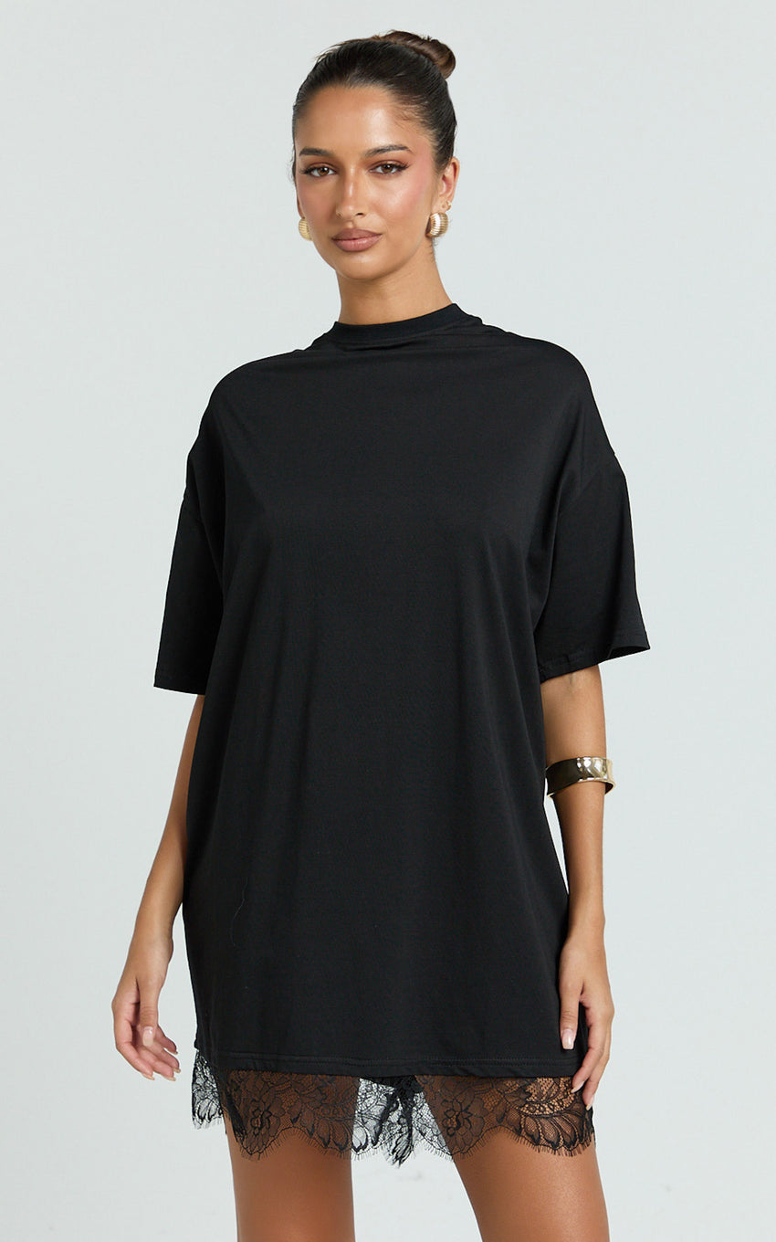 Rina Mini Dress - Mini Lace Trim Dress in Black