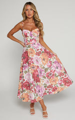 Robertson Midi Dress - Strappy Sweetheart Bustier Flare Dress in Spring Floral