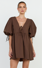 Rosita Mini Dress - Tie Front Puff Sleeve Dress in Chocolate