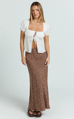 Ruby Maxi Skirt - High Waisted Bias Cut Skirt in Chocolate Polka Dot