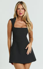 Sakura Mini Dress - Square Neck Wide Strap A Line Skirt Dress in Black