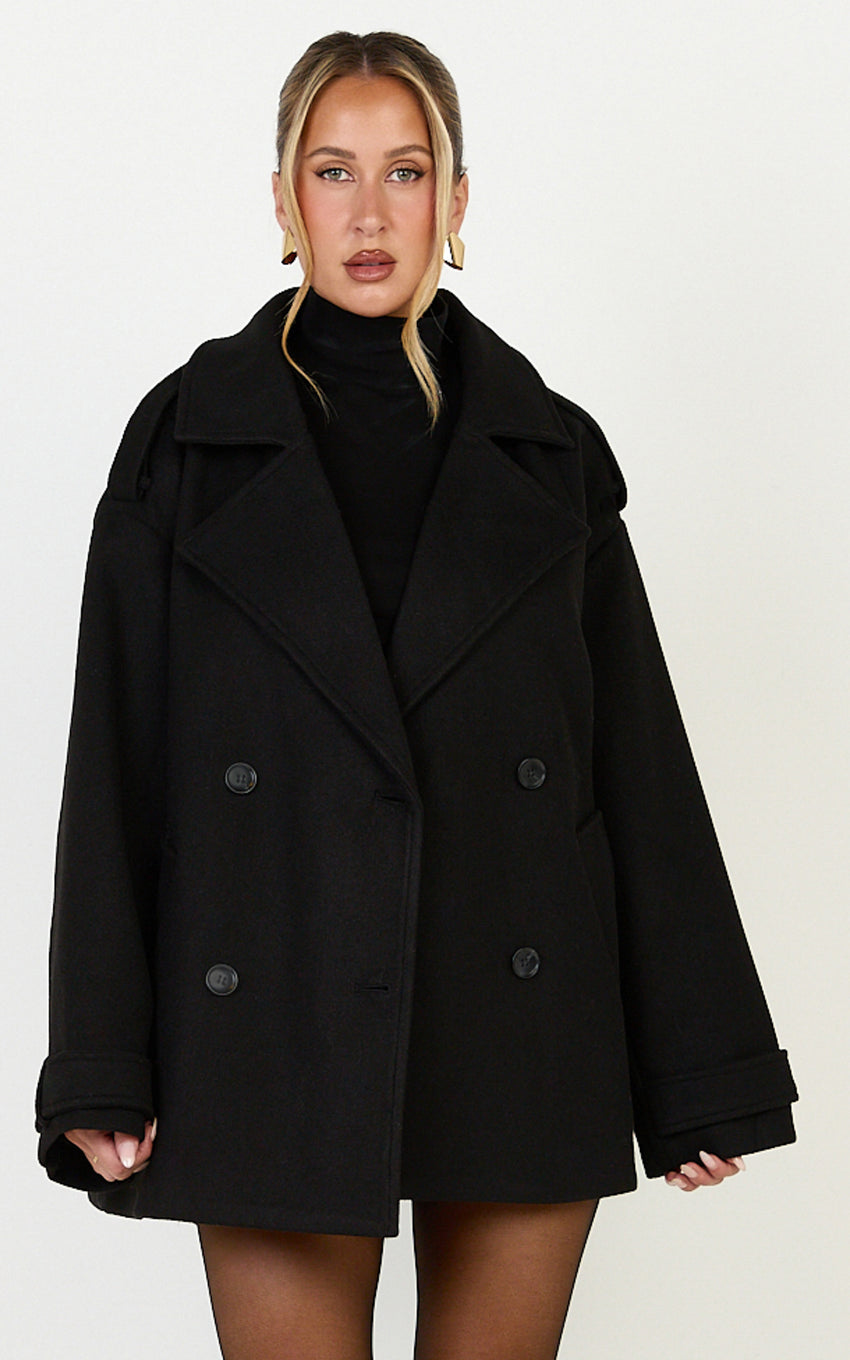 Saskia Coat - Double Breasted Short Wool Like Coat in Black