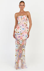 Sienna Maxi Dress - 3D Floral Strapless Column Dress in Multi