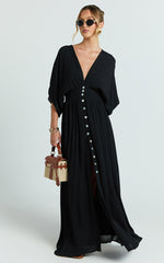 Sitting Pretty Maxi Dress - Short Sleeve Button Down Dress in Black