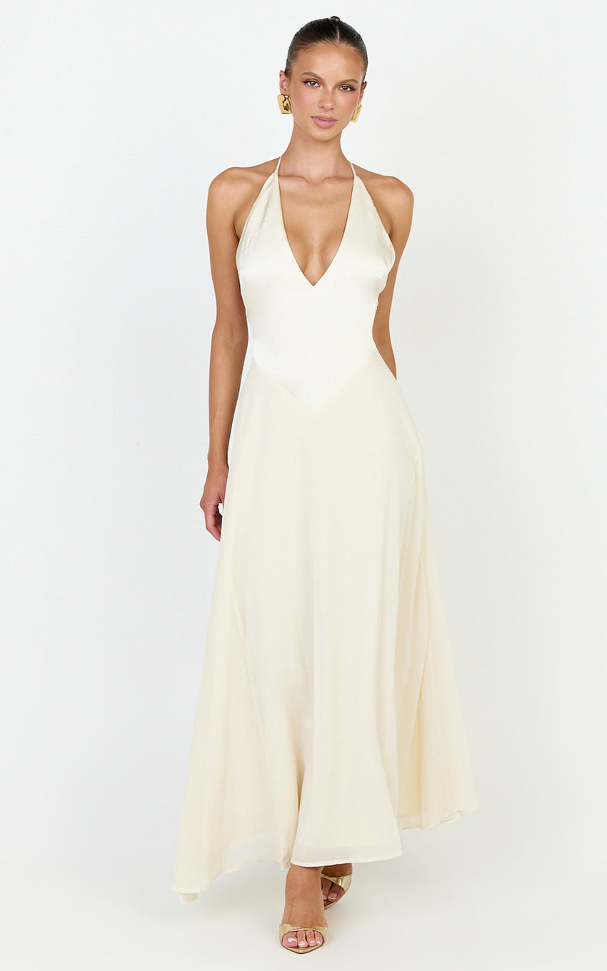 Skye Midi Dress - Deep V Neck Shift Dress in Butter