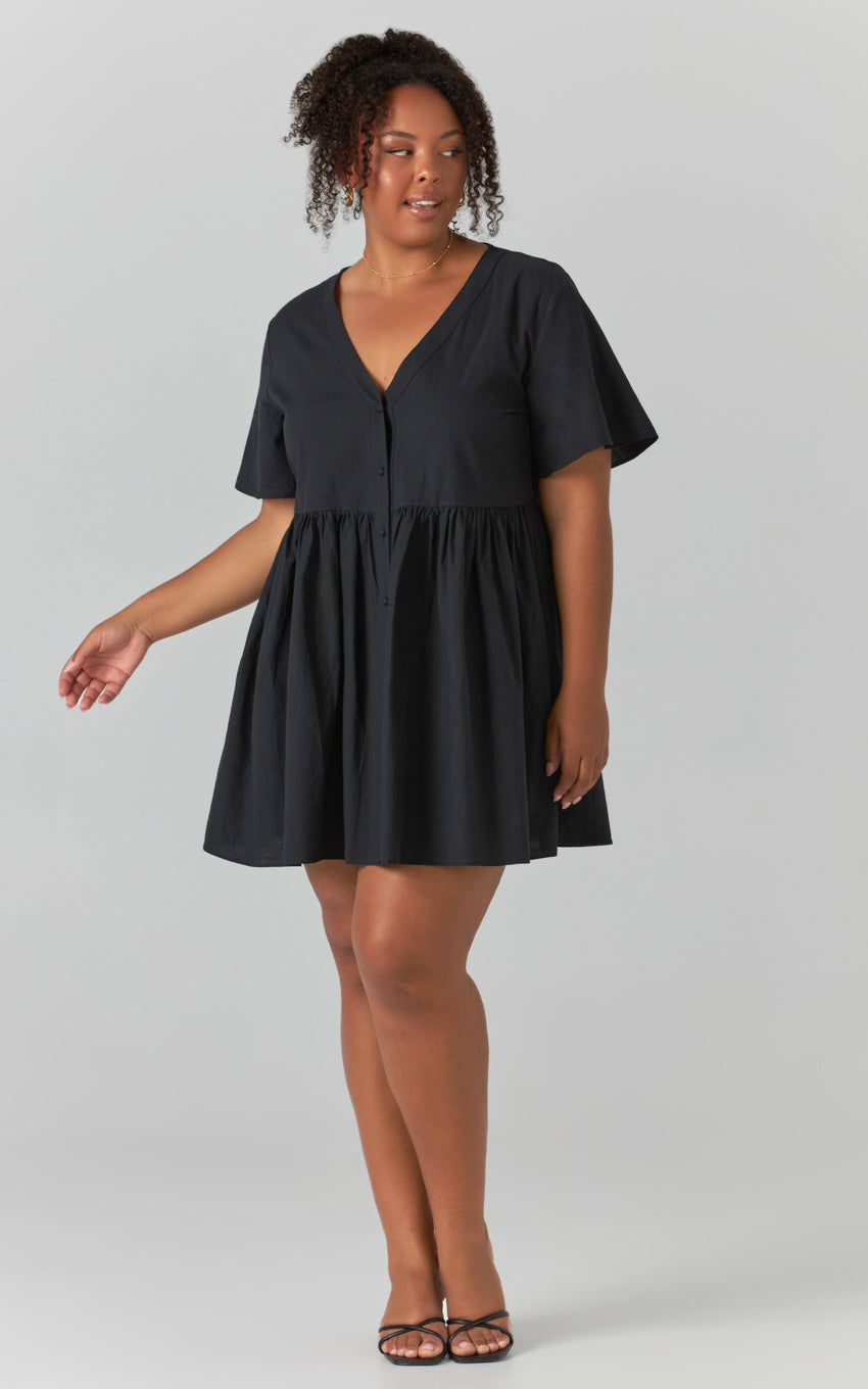 Staycation Mini Dress - Smock Button Up Dress in Black