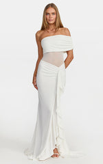 Hallie Maxi Dress - One Shoulder Flounce Dress With Leg Split And Sheer Panel in White