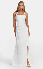Amber Maxi Dress - Corset Bodice Draped Skirt Halter Dress in White