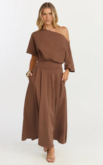 Tami Midi Dress - Off Shoulder Dress in Chocolate