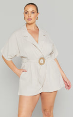 Thaisa Playsuit - Short Sleeve Collared Belted Playsuit in Biscuit