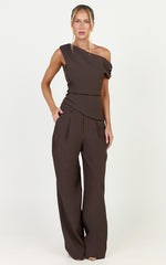 Valentina Two Piece Top and Pants Set - Off Shoulder Asymmetric Hem Top And Wide Leg Pants Set in Dark Chocolate