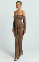 Velma Maxi Dress - Jersey Long Sleeve Off Shoulder Twist Skirt Dress in Brown