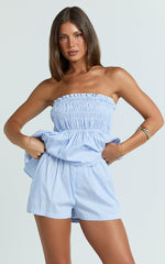 Veronica Two Piece Set - Strapless Peplum Top and Elastic Waist Band Short Set in Blue Stripe