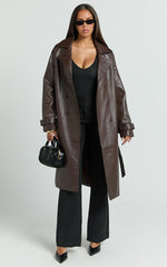 Vicki Trench Coat - Faux Leather Washed Trench Coat in Chocolate
