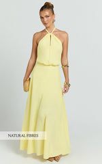 Violetta Maxi Dress - Backless Linen Look Hater Neck Dress in Lemon