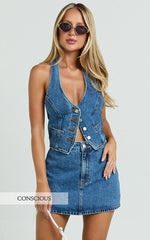 Walton Skort - Mid Waisted Recycled Denim Skort in Dark Blue Wash