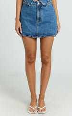 Walton Skort - Mid Waisted Recycled Denim Skort in Dark Blue Wash