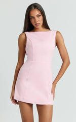 Windsor Mini Dress - Boatneck A-Line Skirt Back Bow Dress in Pale Pink