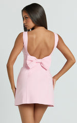 Windsor Mini Dress - Boatneck A-Line Skirt Back Bow Dress in Pale Pink