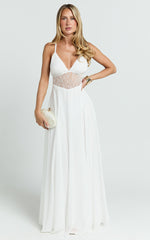 Ysolde Maxi Dress - V Neck Low Back Fit And Flare Dress in White