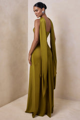 Charly | Olive Satin Bandeau Maxi Dress With Scarf-Detail