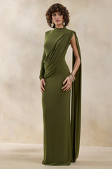 Oliria | Olive High-Neck Maxi Dress With One-Long Sleeve And Sash-Detail